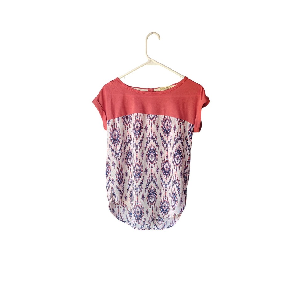 Rewind Womens XS Short Sleeve Ikat Medallion Print Mixed Media Blouse Coral Pink